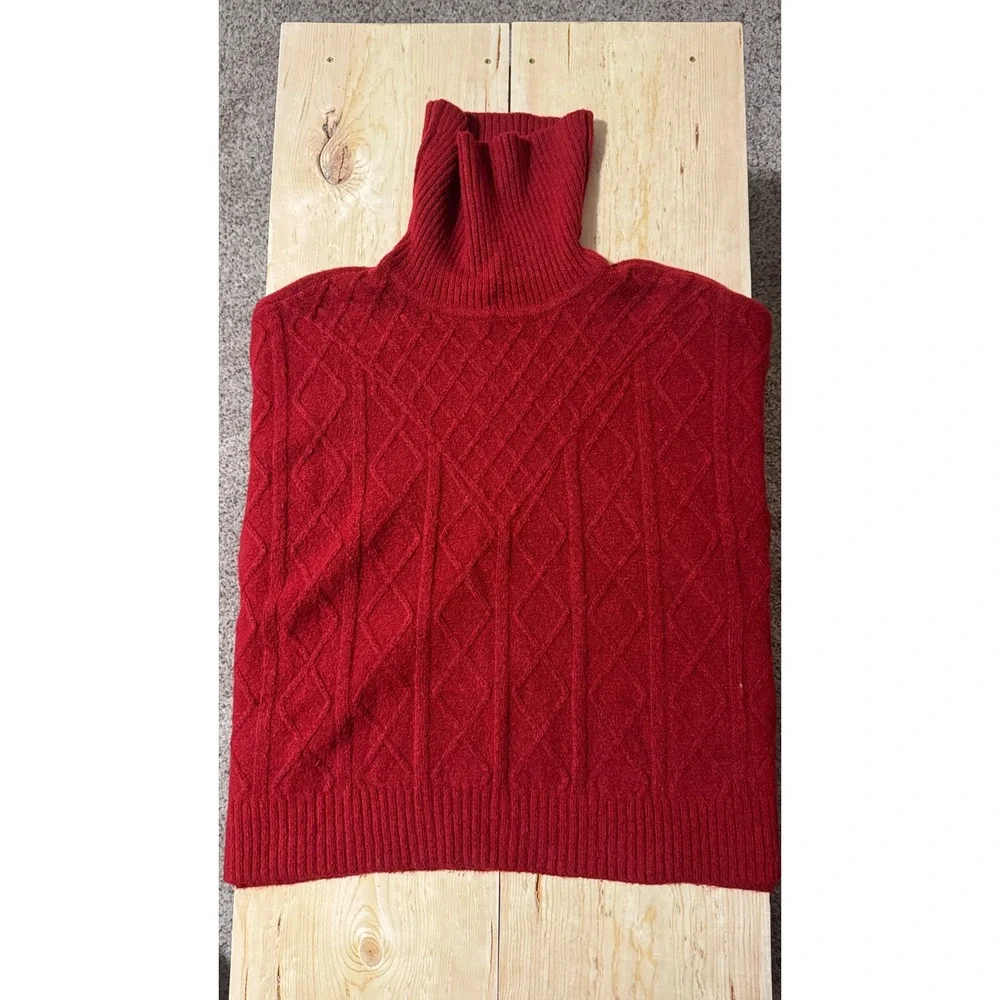 LOFT Womens Red Diamond Cable Knit Turtleneck Poncho Sweater Size‎ M/L